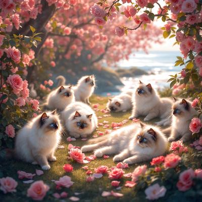 The primary subject of the image is a group of white cats sitting and laying down in a field of pink flowers. The setting is a beautiful, colorful garden with a pink and white color scheme. The visual style is a combination of photo and digital art, creating a whimsical and charming scene. The overall atmosphere is serene and peaceful, with the cats enjoying their time in the lovely garden.